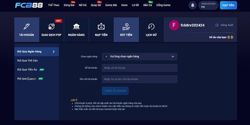 Hình ảnh các bước rút tiền tại fcb88